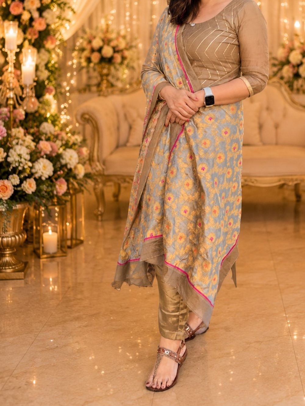 Gold and Pastel Floral Salwar Suit with Dupatta (3 piece)